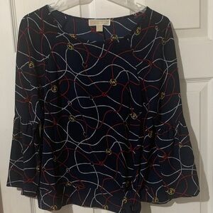 Michael Kors Navy Blouse with Red and White Pattern